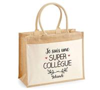 Cabas Jute avec poche Yolande Une Super Collègue | Cadeau Anniversaire Femme Noël Fête des Mères Sac de Shopping avec grande pochette