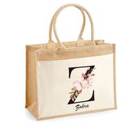 Cabas Jute avec poche Zohra Lettre Fleur | Cadeau Anniversaire Femme Noël Fête des Mères Sac de Shopping avec grande pochette