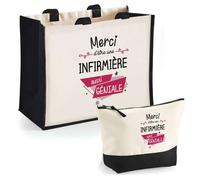 Cabas jute - PLANETEE - Duo cabas et trousse « Merci Infirmière Géniale » - Jute & coton - Impression DTF HD - Fabriqué en France