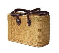 Cabas panier en feuilles de palmier naturel avec 2 poignées solides long en cuir, sac marocain tissé à la main de courses et marché petit 30 x 22 x 13 cm Couleur Natur
