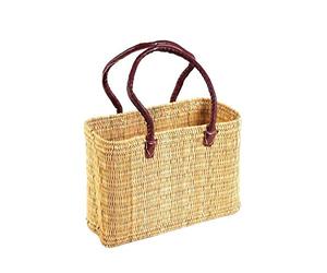 Cabas panier en feuilles de palmier naturel avec 2 poignées solides long en cuir, sac marocain tissé à la main de courses et marché moyen 39 x 28 x 16 cm Couleur Natur