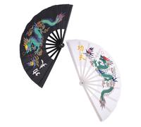 Cabilock 2 Pièces Éventails Pliants Kung Fu Plastique Léger avec Motif Dragon Vif pour Danse Tai Chi et Arts Martiaux Set Noir et Blanc pour Femmes