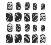 Cabilock 24 Faux Ongles Courts à Coller Motif Crâne Noir Halloween Capsules D’Ongles en Plastique Autocollantes Manucure Gothique Rapide et Réutilisable pour Soirée Déguisée