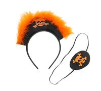 Cabilock Bandeau Pirate Garçon Fille avec Masque Oculaire Crâne Pailleté et Plume Orange Fuzzy Accessoire Coréen pour Halloween Cosplay Fête Familiale