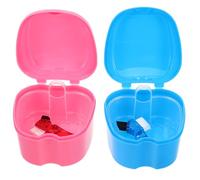 Cabilock Boîte à Prothèses Dentaires Portable Forme Pomme Bleu Clair avec Brosse de Nettoyage Bleue et Rose, Étui Bain 2 Pièces pour Soins et Rangement des Dentiers, Voyage
