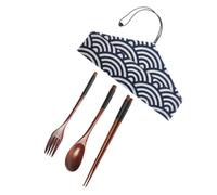 Cabilock Couverts Bois Portables avec Pouch Set Réutilisable de Cuillère Fourchette et Baguettes Bois pour Repas Quotidiens Camping et Bureau