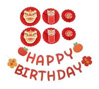 Cabilock Ensemble De Décorations De Fête Danniversaire En Papier Style Chinois Avec Éventail En Forme De Lion Et De Danse Bannière Pour 1er Anniversaire