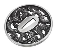 Cabilock Garde-Main Japonerie en Métal Orné, Motif Dragon, 8x7,8 CM | Pièce de Remplacement pour Lames Antiques et Wakizashi, Installation Sûre, Finition Patinée Argenté