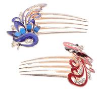 Cabilock Lot de 2 Peignes Latéraux Français en Alliage Strass, Motif Paon 5 Dents pour Insertion de Frange, Accessoires Coiffure Mariage et Usage Quotidien, Bleu et Rouge, Peignes à