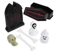 Cabilock Lot de 7 décorations miniatures pour Halloween avec cercueil et | Sept petites figurines ABS avec cercureuil, pierre tombale, os, crâne et fantômes pour scènes d'Halloween et décoration