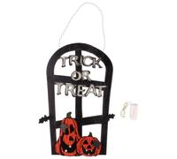 Cabilock Panneau Suspendu Design Classique et Créatif avec Lumière Led en Bois D'halloween et Squelette Noir Décoration Porte Citrouille pour Maison