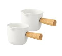 Cabilock Pichet à Café En Porcelaine Blanc 2 Pièces, Mini Pichet à Sauce Manche En Bois, Crémier Polyvalent Pour Café Expresso, Lait Moussé Et Condiments, Adapté Au Service Cuisine