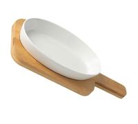 Cabilock Plat à Riz Gratiné au Fromage en Céramique Blanche Ovale 28 CM Support en Bois - Moule à Pâtisserie Micro-Ondes Lave-Vaisselle et Congélateur - Ustensile Cuisine Multifonction