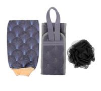 Cabilock Serviette Exfoliante Double Face Épaisse Gris, Boule de Bain Moussante et Brosse Dorsale pour Gommage Corporel, Ensemble 3 Pièces pour Soin Exfoliant du Dos et Accessoires Salle