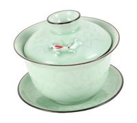 Cabilock Tasse à Thé Céramique avec Couvercle, Petit Format en Porcelaine, Motif Asiatique Plum Blossom Poisson, Service, pour Infusion Traditionnelle de Thé Oolong et Pu’er, Usage Maison