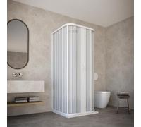 Cabine de douche 70 x 90 x 70 modèle Dora à 3 côtés réductibles double porte avec ouverture centrale à soufflet en PVC de couleur blanche