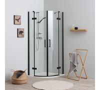 Kiamami Valentina - Cabine de douche d'angle semi-circulaire 90x90 noire sans cadre avec ouverture à charnière | London
