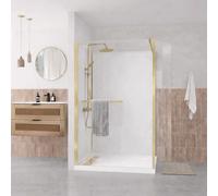Cabine de Douche à l'Italienne 120x90 Colonne Thermostatique Or Brossé et Receveur Bas Effet Pierre