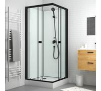 Cabine de douche carrée 80x80x200 cm - Portes coulissantes - Fonds Blancs & Profilés Noir Mat