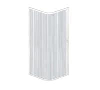 Cabine de douche d’angle, une porte, fermeture à 90°, ouverture à droite ou à gaucheProduit en PVC atoxique auto-extinguible.Réductible en coupant le rail.Blanc.