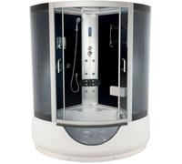 ONDÉE - Cabine hydromassante FARO - Bain douche complet - Accès d'angle à portes coulissantes verre trempé - 136x136x230cm - 10 buses hydromassantes carrées - Etagères et Radio FM - Profilés Gris