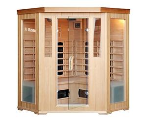 Cabine Sauna Infrarouge 3-4 Places Bois Hemlock 2340W | CHROMOTHÉRAPIE 5 LAMPES : 6 diffuseurs céramiques + 2 carbones, station LCD, radio Bluetooth, ionisateur d'oxygène inclus