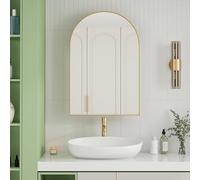 Cabinet de Miroir Arqué, Cabinet Médical Encastré, Meuble Mural avec Cadre Métallique, Miroir et Étagères Réglables, Rangement Pratique pour Salle de Bain, Salon et Chambre, Or, 91x61x12 cm