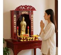 Cabinet en altar de bureau monté au mur avec support gratuit, plateau rétractable, dessus sculpté réversible en bois Pooja Mandir Butsudan Table(C,45CM/17,7IN)