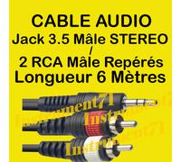 Câble 2 RCA Mâle vers 1 Jack 3,5 Mâle STEREO Fiches Surmoulées Long 6 Métres