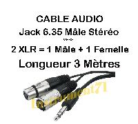 Câble 2 XLR ( 1 Male + 1 Femelle ) vers Jack 6.35 Mâle STEREO Longueur 3 Métres