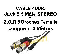 Câble 2 XLR 3 Broches Femelle vers Jack 3.5 Mâle STEREO longueur 3 Métre