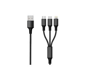 Câble 2GO 797154 USB 3m - Connecteur USB-B vers USB-C / Micro-USB B / Lightning (Mâle-Mâle) - Courant max. 3A - Noir, gaine Nylon, connecteurs Aluminium