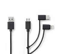 Câble 3 en 1 | USB 2.0 | USB-A mâle | Apple Lightning, 8 broches / USB Micro-B mâle / USB-C™ mâle | 480 Mbps | 1,00 m | Nickelé | Rond | PVC | Noir | Label