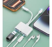 Câble adaptateur répartiteur Lightning USB C vers audio auxiliaire 3,5 mm, adaptateur d'appareil photo USB OTG + prise jack 3,5 mm + port d'écouteurs/charge de type C, répartiteur de téléphone pour