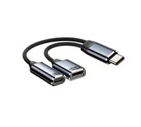 Câble adaptateur Type-C 2-en-1 15cm pour casque USB et charge PD, aluminium tressé, OTG USB-A Gris
