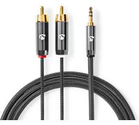 Câble audio stéréo | 3,5 mm mâle | 2x RCA mâle | plaqué or | 1,00 m | rond | gris / gris avec métal | carton avec fenêtre couverte
