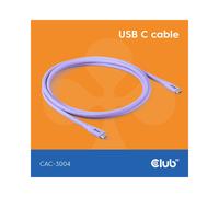 Câble CLUB3D CAC-3004 USB4 Gen 2x2 2m USB-C vers USB-C Violet, 48V 5A, connecteurs mâle/mâle, gaine Silicone, dimensions connecteur 34.9x12x6.3mm