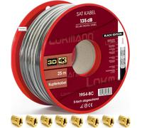 Câble coaxial à quintuple blindage, noir, 25 m, cuivre pur, 135 dB - Câble d'antenne TV satellite Full HD, UHD, 4K, 8K et plus récent - 10 fiches F