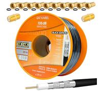 Câble coaxial satellite CCS PRO à 5 voies blindé Noir 135dB 25m Câble d'antenne coaxial en acier et cuivre pour installations DVB-S/S2/C/T BK + 10 fiches F plaquées or et 2 connecteurs F gratuits