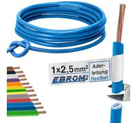 Câble conducteur flexible - Conducteur unique flexible - Gaine en PVC - H07V-K 2,5 mm² - Couleur : bleu clair - Plusieurs longueurs disponibles par incréments de 5 m - Longueur : 25 m - 2,5 mm²