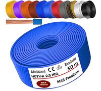 Câble conducteur H07 V-K de 5 à 100 m - 2,5 mm² - Noir, bleu clair, vert/jaune, rouge, bleu foncé, marron, orange, gris, blanc, violet ou jaune - Câble unique flexible (bleu clair, 50 m)