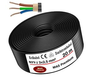 Câble d'alimentation de terre NYY-J - De 5 à 100 m, 3 x 2,5 mm² - Câble électrique - Avec anneau pour pose en extérieur, en sous-sol (20 m)
