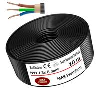 Câble d'alimentation enterré NYY-J, 5, 10, 15, 20, 25, 30, 35, 40, 50, 60 ou 70 m, 3 x 6 mm², câble électrique pour pose en extérieur, en sous-sol (10 m)