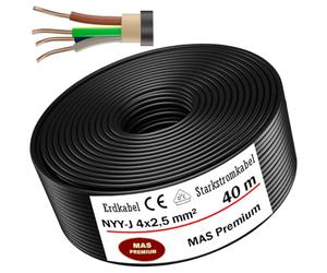 Câble d'alimentation enterré NYY-J, disponible en 5, 10, 15, 20, 25, 30, 35, 40, 50, 60, 70, 75, 80, 90 ou 100 m, 4 x 2,5 mm², électrique, avec anneau, pour pose en extérieur, en sous-sol (40 m)