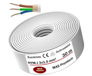 Câble d'alimentation NYM-J anti-humidité - 5, 10, 15, 20, 25, 30, 35, 40, 50, 60, 70, 75, 80, 90 ou 100 m - Câble gainé NYM-J 3 x 1,5 mm² - Anneau pour une pose fixe (30 m).