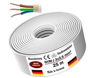 Câble d'alimentation NYM-J pour pièces humides de 5, 10, 15, 20, 25, 30, 35, 40, 50, 60, 70, 75, 80, 90 ou 100 m, Câble électrique gainé NYM-J 3 x 2,5 mm², Avec anneau pour une pose fixe (25 m)