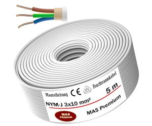 Câble d'alimentation NYM-J pour pièces humides - De 5 à 50 m - 3 x 10 mm² - Câble électrique OFC - Avec anneau OFC pour pose fixe (5 m)