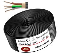 Câble d'alimentation souterrain NYY-J, 5, 10, 15, 20, 25, 30, 35, 40, 50, 60, 70, 75, 80, 90 ou 100 m, 4 x 1,5 mm², câble électrique avec anneau pour pose en extérieur, en sous-sol (90 m)