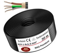 Câble d'alimentation souterrain NYY-J, 5, 10, 15, 20, 25, 30, 35, 40, 50, 60, 70, 75, 80, 90 ou 100 m, 4 x 1,5 mm², câble électrique avec anneau pour pose en extérieur, en sous-sol (30 m)