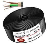 Câble d'alimentation souterrain NYY-J, 5, 10, 15, 20, 25, 30, 35, 40, 50, 60, 70, 75, 80, 90 ou 100 m, 4 x 2,5 mm², câble électrique avec anneau pour pose en extérieur, en sous-sol (15 m)
